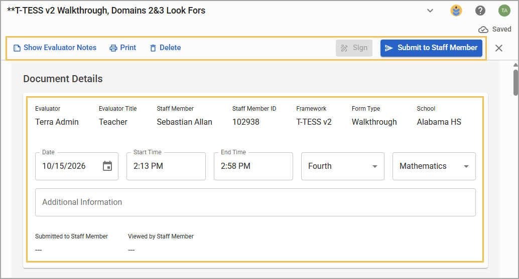 T-TESS walkthrough details show evaluator, staff member, schedule, fourth-grade mathematics, and submission controls.